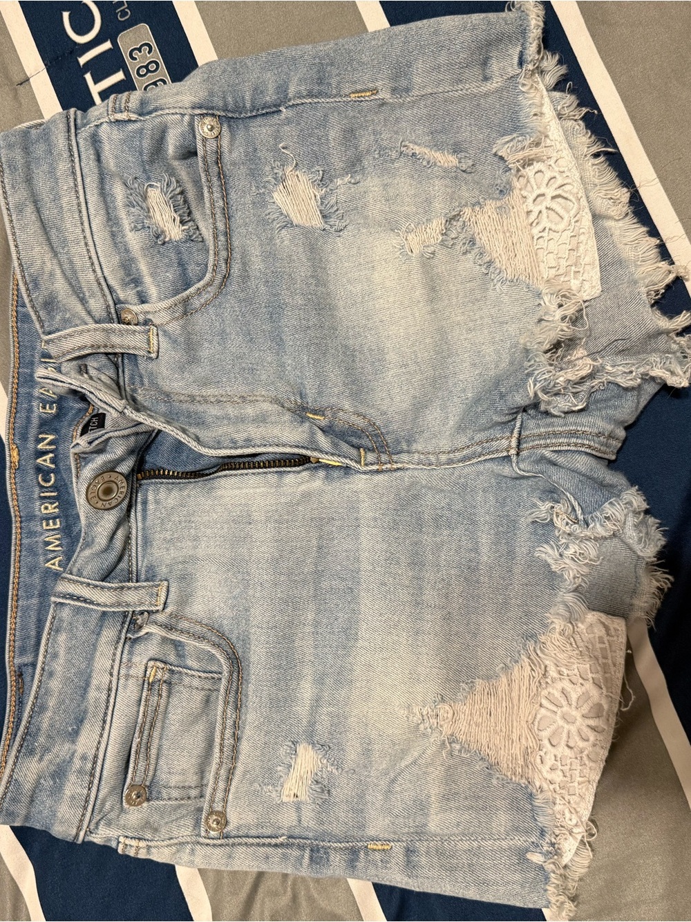 American Eagle Light Blue Distressed Denim Shorts with Lace Detail